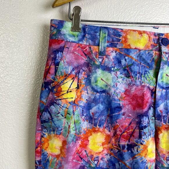 Hreski Golf Shorts 34 Mens Multi Splatter Chino Performance Flat Front Colorful - Picture 3 of 9